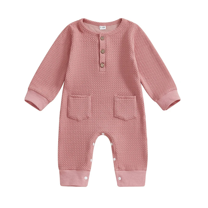 Baby Girls Boys Romper Solid Color Buttons Pockets O-Neck Long Sleeve Spring Jumpsuit