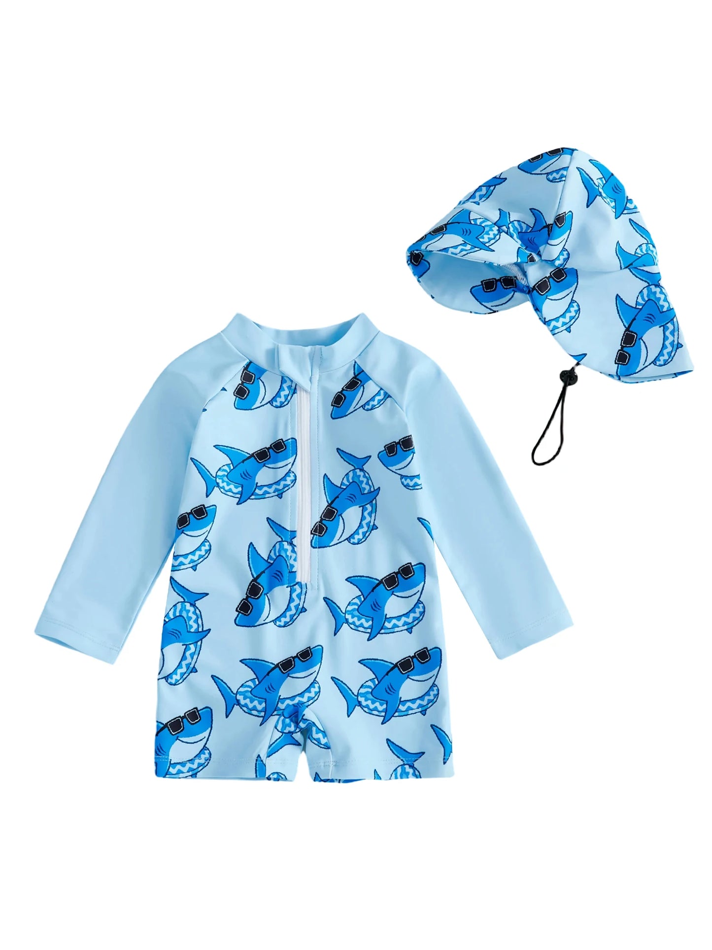 Baby Toddler Boys 2Pcs Rash Guard Swimsuit Shark Print Long Sleeve Zip Up Bathing Suit with Sun Cap Hat Set