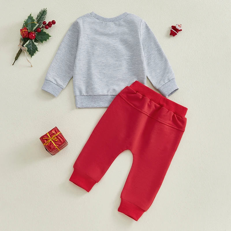 Baby Toddler Boys Girls 2Pcs Christmas Sets Cartoon Embroidered Long Sleeve Top Red Pants Outfits Clothes Jogger Set
