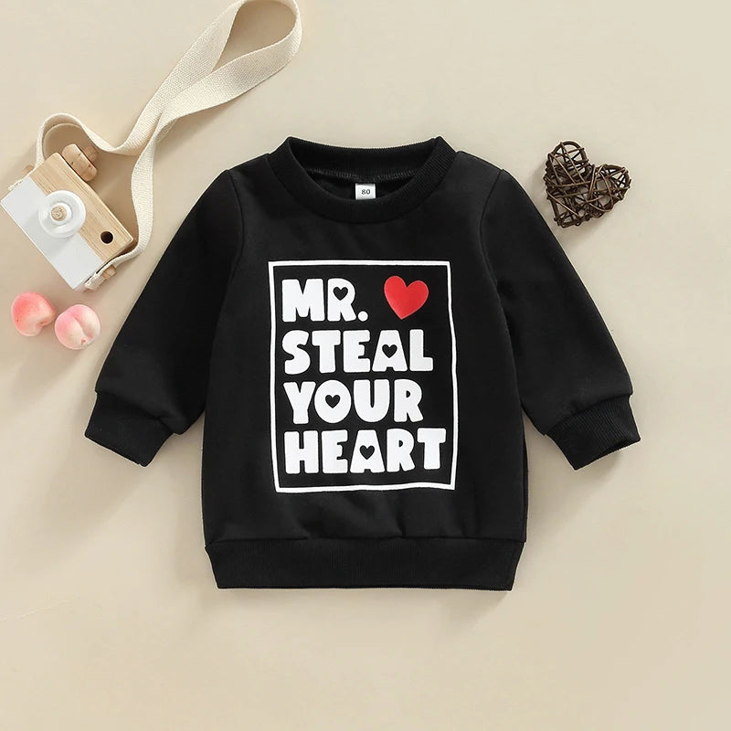 Baby Toddler Kids Boy Valentine's day Long Sleeve Mr. Steal Your Heart Letter Print Pullover Tops