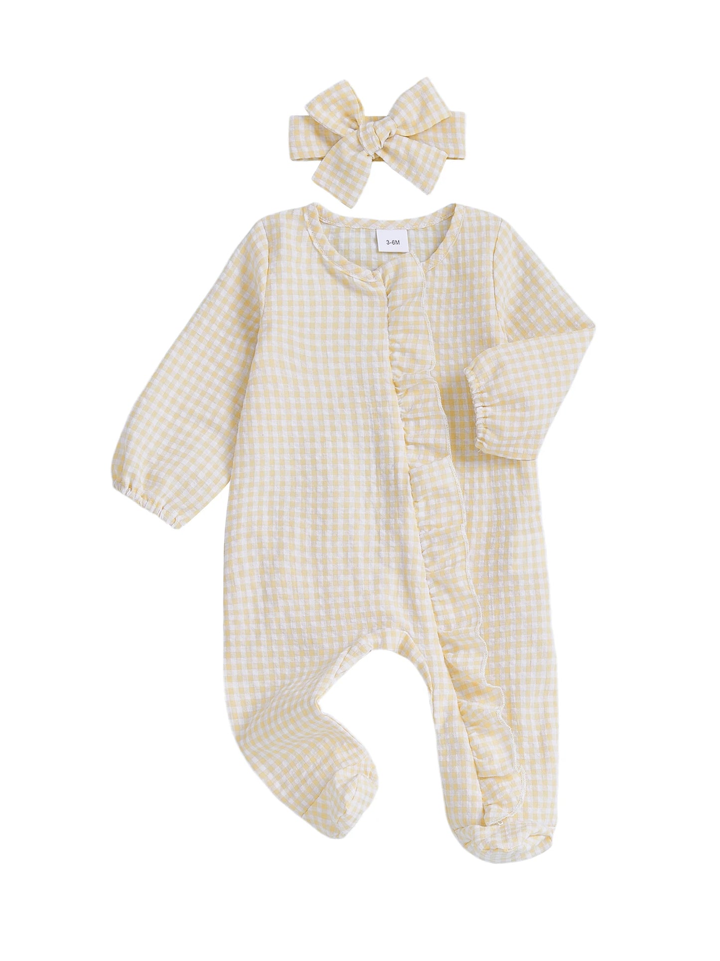 Baby Girl 2Pcs Fall Footies and Headband Set Plaid Ruffled Trim Zip Front Long Sleeve Zipper Romper