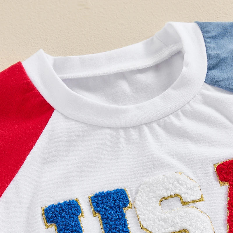 Baby Toddler Boys 2Pcs 4th of July White Short Sleeve USA Letter Embroidery Top Star Stripe Print Shorts Set