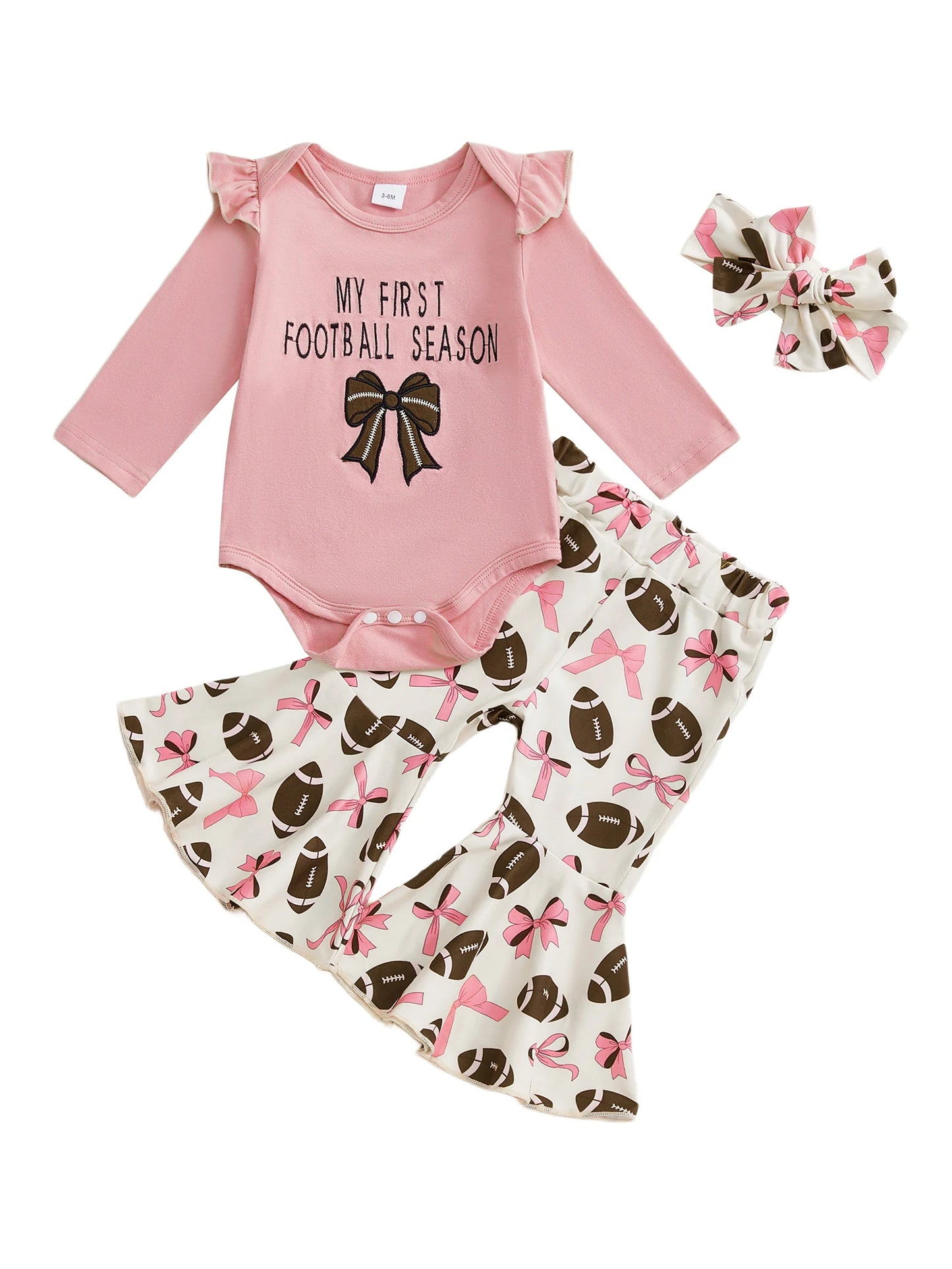 Baby Girls 3Pcs Game Day Fall Outfit Football Print Long Sleeves Romper and Elastic Flared Pants Headband Set Cute Clothes