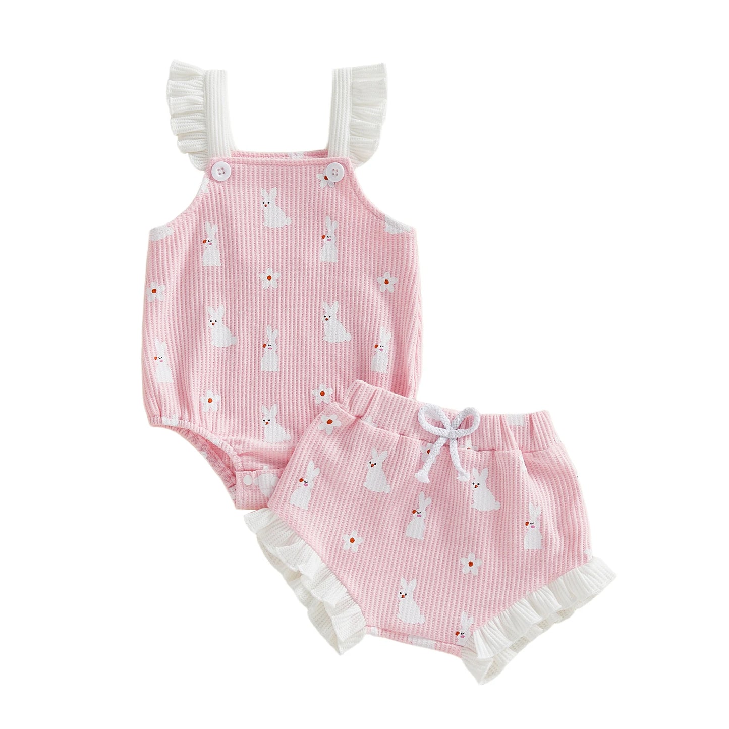 Baby Girl 2Pcs Easter Outfit Square Neck Ruffle Sleeveless Bunny Floral Print Romper Elastic Waist Bloomer Shorts Set