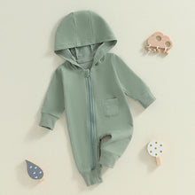 Load image into Gallery viewer, Baby Boys Girls Hooded Jumpsuit Long Sleeve Solid Color Pocket Zipper Romper
