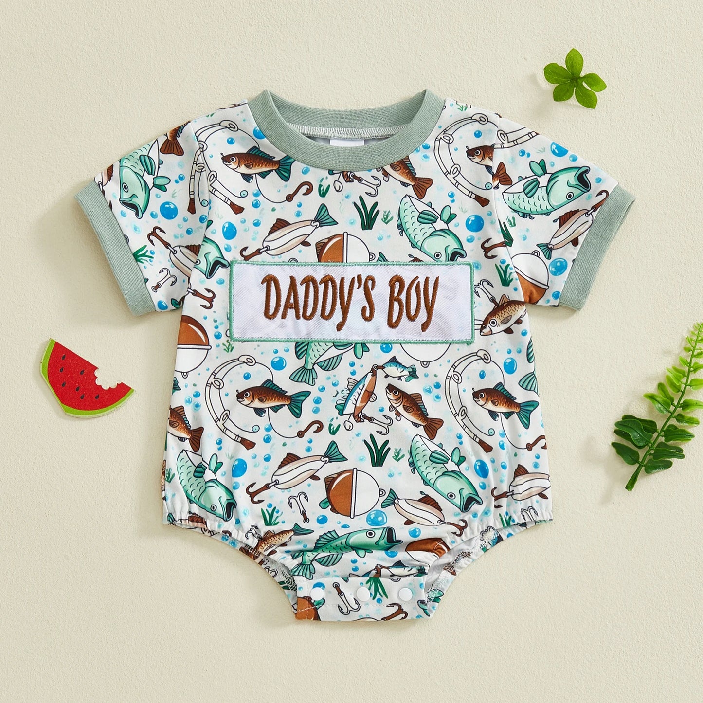 Baby Boy Daddy's Buddy / Boy Romper Adorable Fish Print Letter Embroidery Short Sleeve Round Neck Jumpsuit