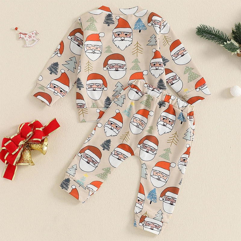 Baby Toddler Boys Girls 2Pcs Outfit Santa Claus Christmas Tree Print Long Sleeve Top and Elastic Pants Jogger Set