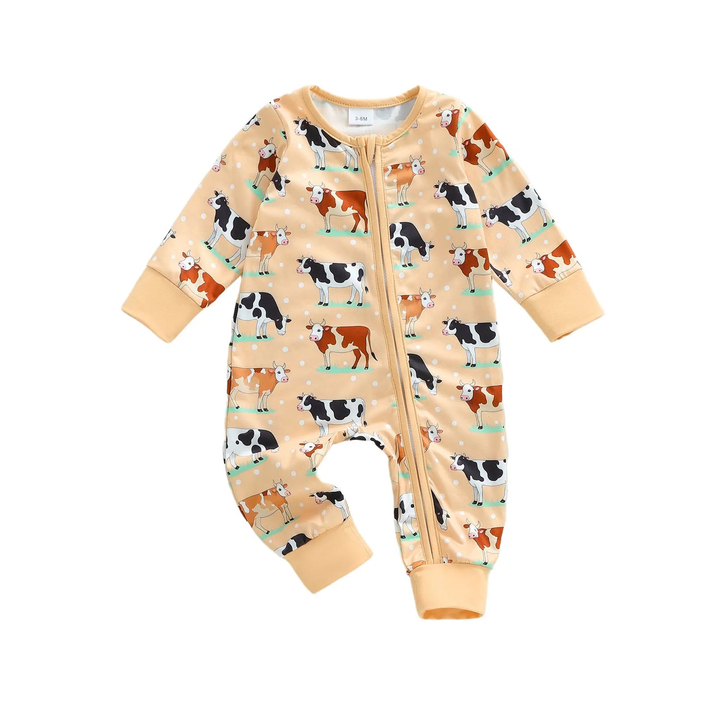 Baby Boy Girl Cow Printed Romper Fashionable Round Neck Long Sleeve Fall Spring Zipper Jumpsuits