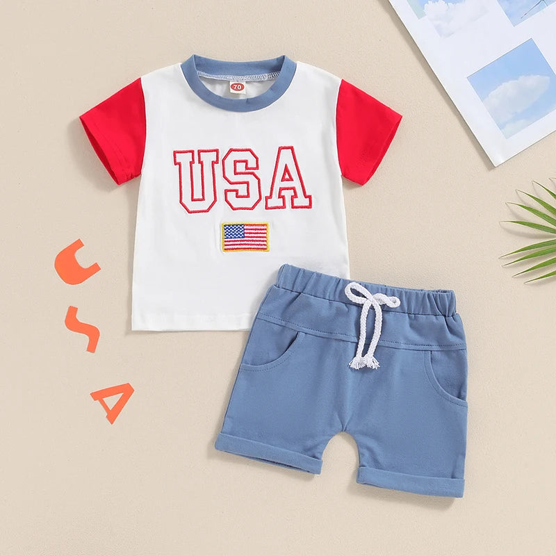 Baby Toddler Boys 2Pcs USA 4th of July Outfit Letter Flag Embroidery Contrast Color Short Sleeve Top and Shorts Clothes Set