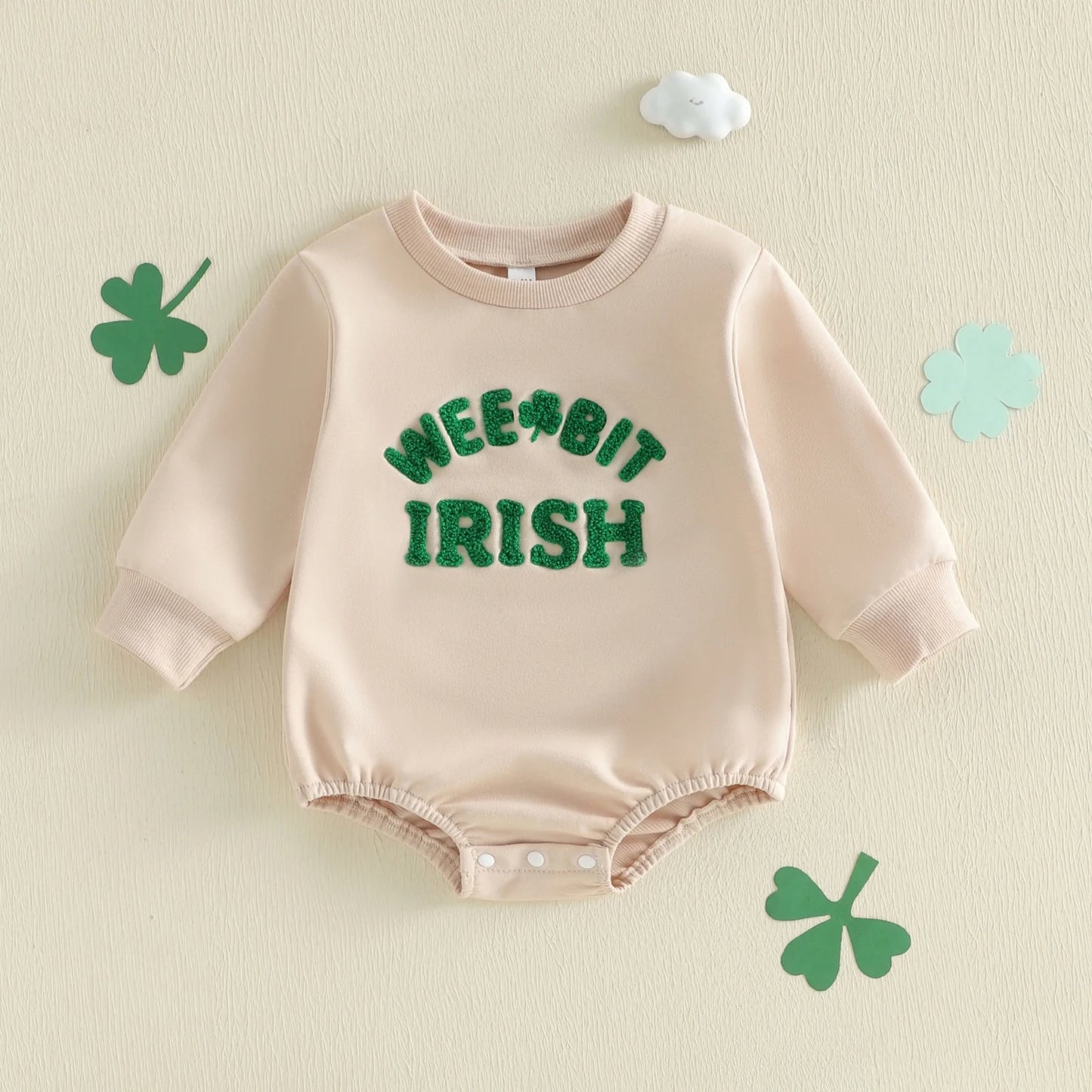 Baby Girls Boys Bubble Romper Wee Bit Irish / Pint Sized St. Patrick's Day Clothes Letter Clover Embroidery Long Sleeve Bodysuit Jumpsuit