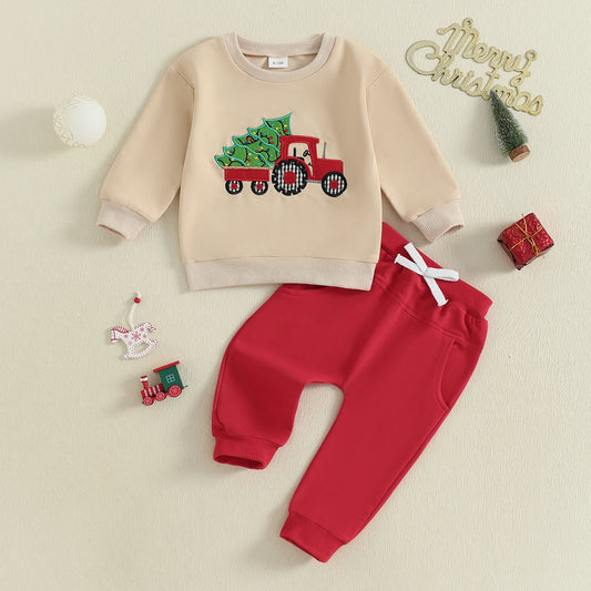 Baby Toddler Boys 2Pcs Christmas Set Truck and Christmas Tree Long Sleeve Round Neck Pullover Top Jogger Pants Set
