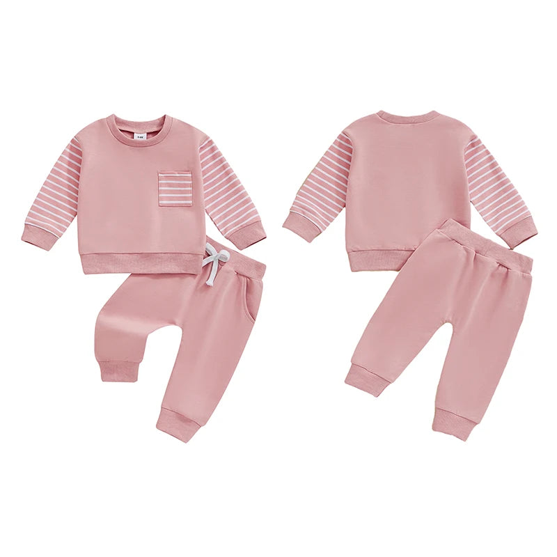 Baby Toddler Boys Girls 2Pcs Fall Outfit Striped Long Sleeve Top Elastic Waist Pants with Pockets Set