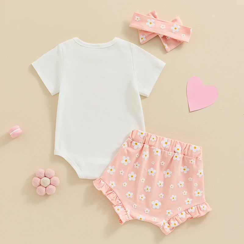 Baby Girl 3Pcs Daddy’s Girl Short Sleeve Romper Flower Ruffle Shorts Headband Outfit Set