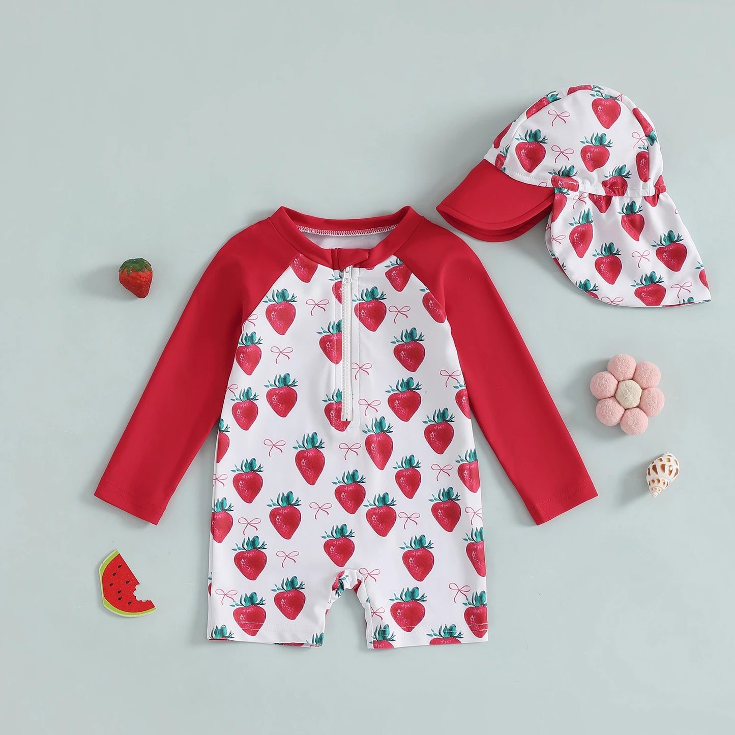 Baby Toddler Girls 2Pcs Swimwear Long Sleeve Floral/Bow/Strawberry Print Half Zipper Rash Guard Bathing Suite with Sunhat Set