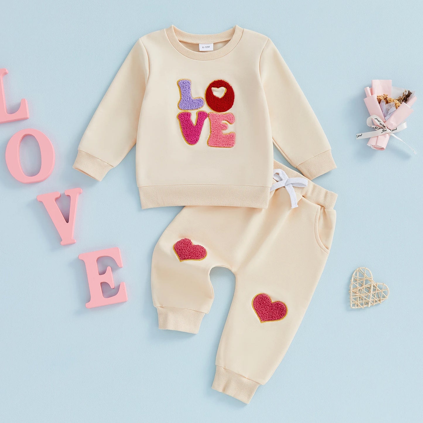 Baby Toddler Girls 2Pcs Valentine's Outfit LOVE Letter Embroidered Long Sleeve Top and Heart Embroidered Pants Jogger Set