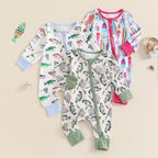 Baby Boys Girls Autumn Casual Romper Long Sleeve Crew Neck Fish Print Zipper Jumpsuit