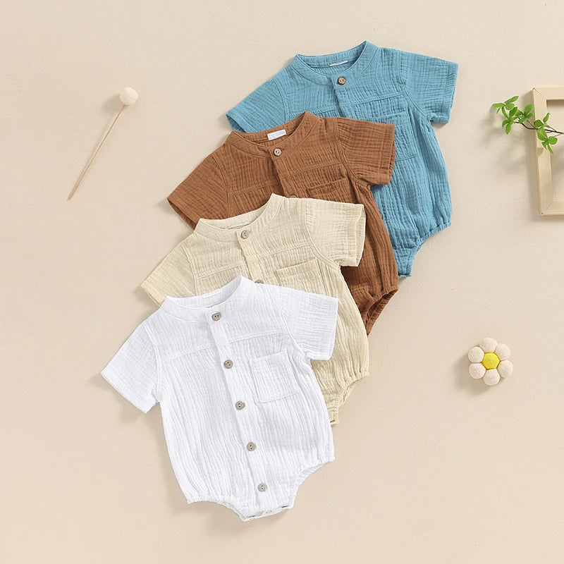 Baby Boy Romper Casual Button Down Round Neck Short Sleeve Jumpsuit