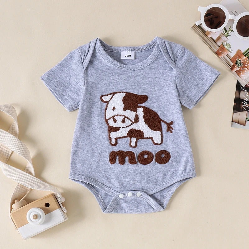 Baby Toddler Girls Boys Baa / Moo Sheep Cow Romper Casual Letter Embroidery Round Neck Short Sleeve Jumpsuit