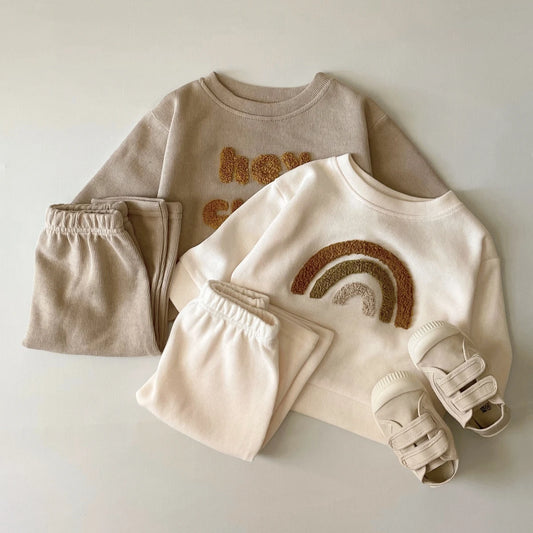 Baby Toddler Boys Girls 2Pcs Hey Cutie / Rainbow Jogger Set Long Sleeve Crewneck Top + Pants Outfit