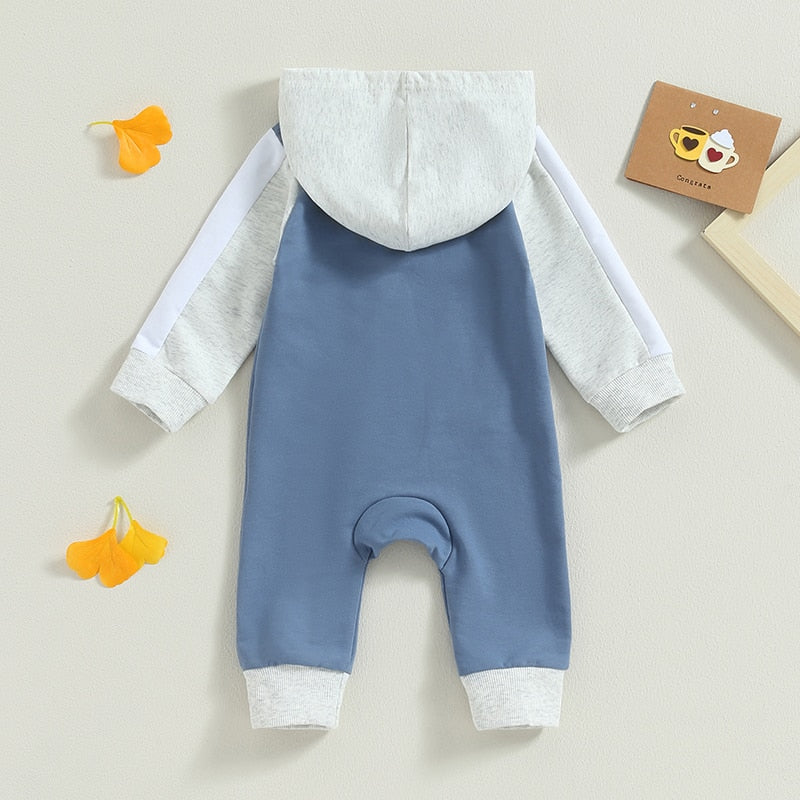 Baby Boy Girl Full Length Jumpsuit Contrast Color Hood Long Sleeve Romper with Zipper