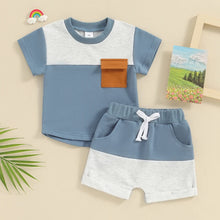 Load image into Gallery viewer, Toddler Baby Boy 2Pcs Spring Summer Outfit Color Block Short Sleeve Pullover Top Pocket Jogger Shorts Clothes Set
