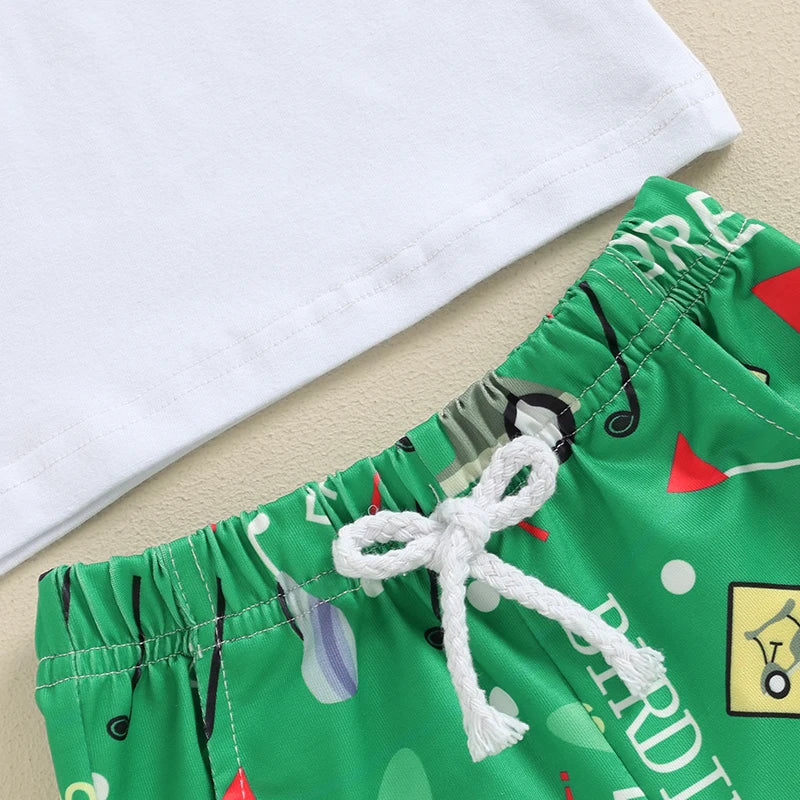 Baby Toddler Boys 2Pcs Daddy's Caddie Summer Outfit Letter Print Short Sleeve Top with Elastic Waist Golf Pattern Shorts Clothes Set