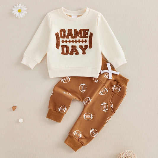 Baby Toddler Boys Girls 2Pcs Outfit Game Day Long Sleeve Letter Embroidery Pullover Top Football Print Pants Jogger Set