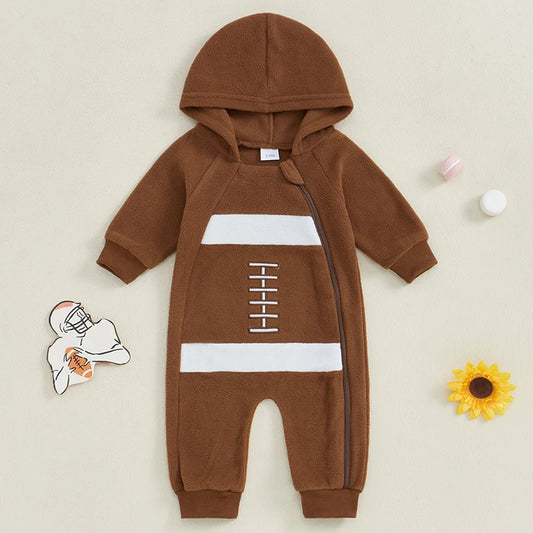 Baby Boys Football Pattern Zipper Romper Fleece Long Sleeve Full Length Zip Up Hooded Jumpsuit Fall