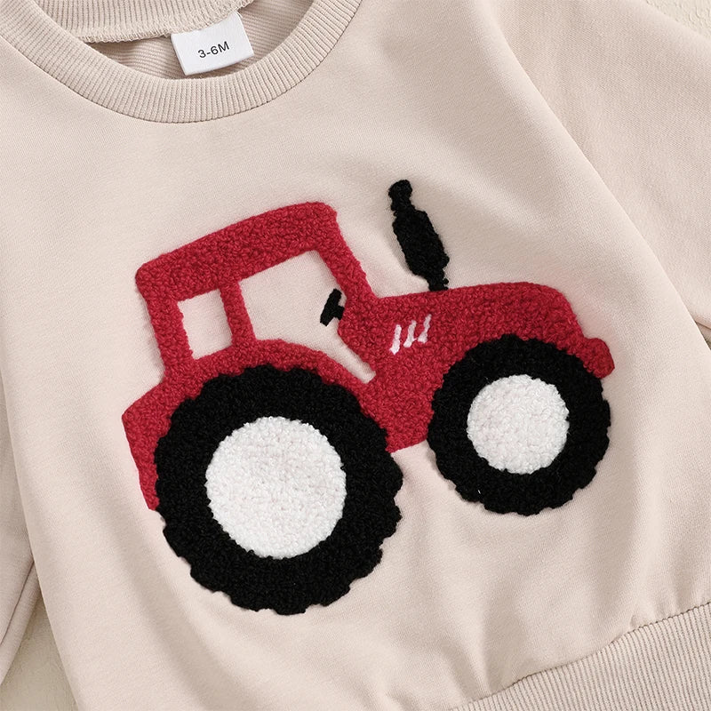 Baby Toddler Boys 2Pcs OutfitTractor Embroidery Long Sleeve Crewneck Top with Solid Long Pants Jogger Set