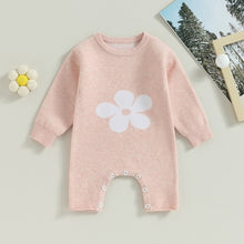 Load image into Gallery viewer, Baby Girl Knit Jumpsuit Flower Print Long Sleeve Round Neck Full Length Romper
