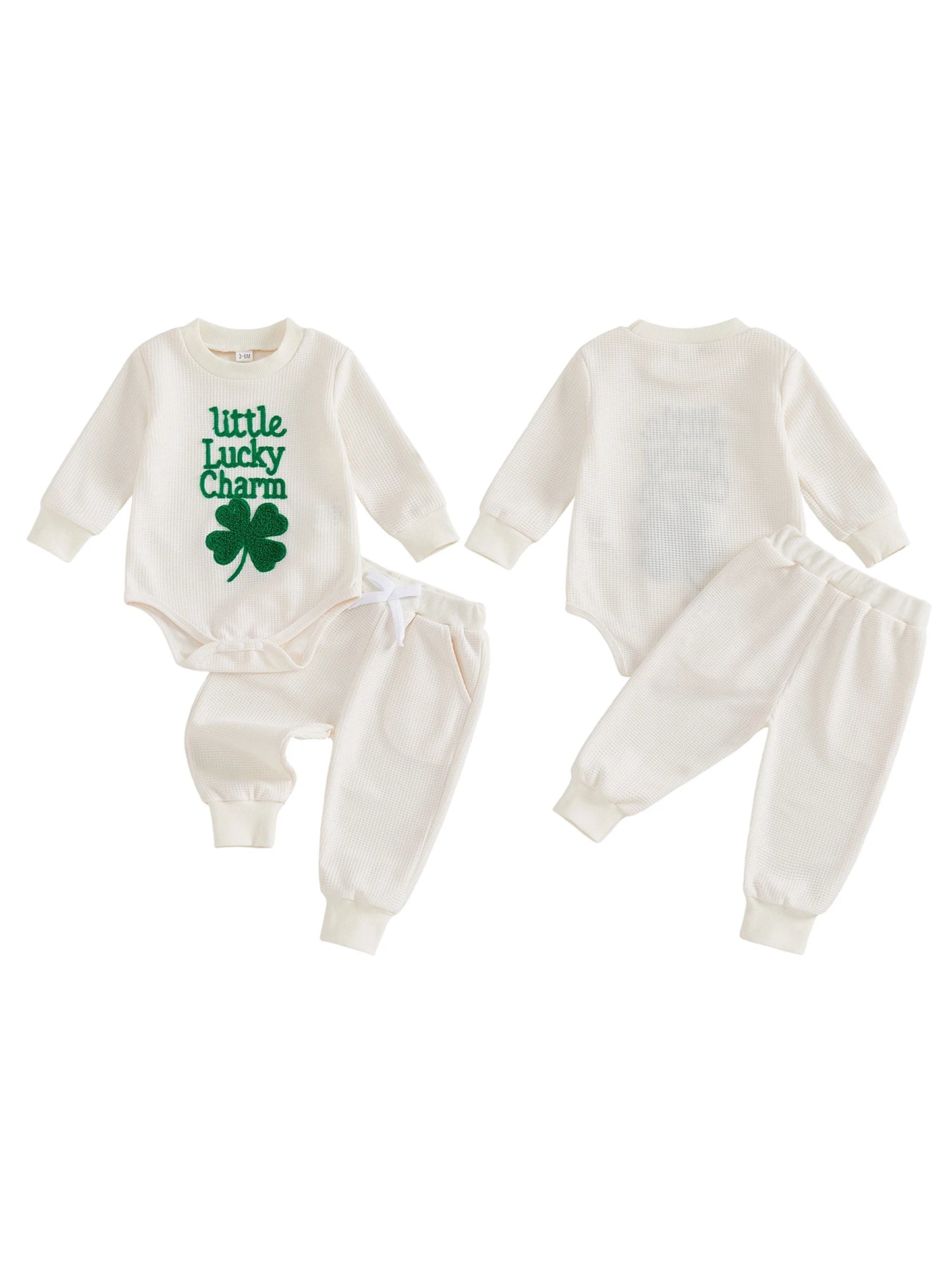 Baby Boys Girls 2Pcs Little Lucky Charm Outfit Long Sleeve O Neck Letter Shamrock Embroidery Jumpsuit Romper and Elastic Waist Pants Set