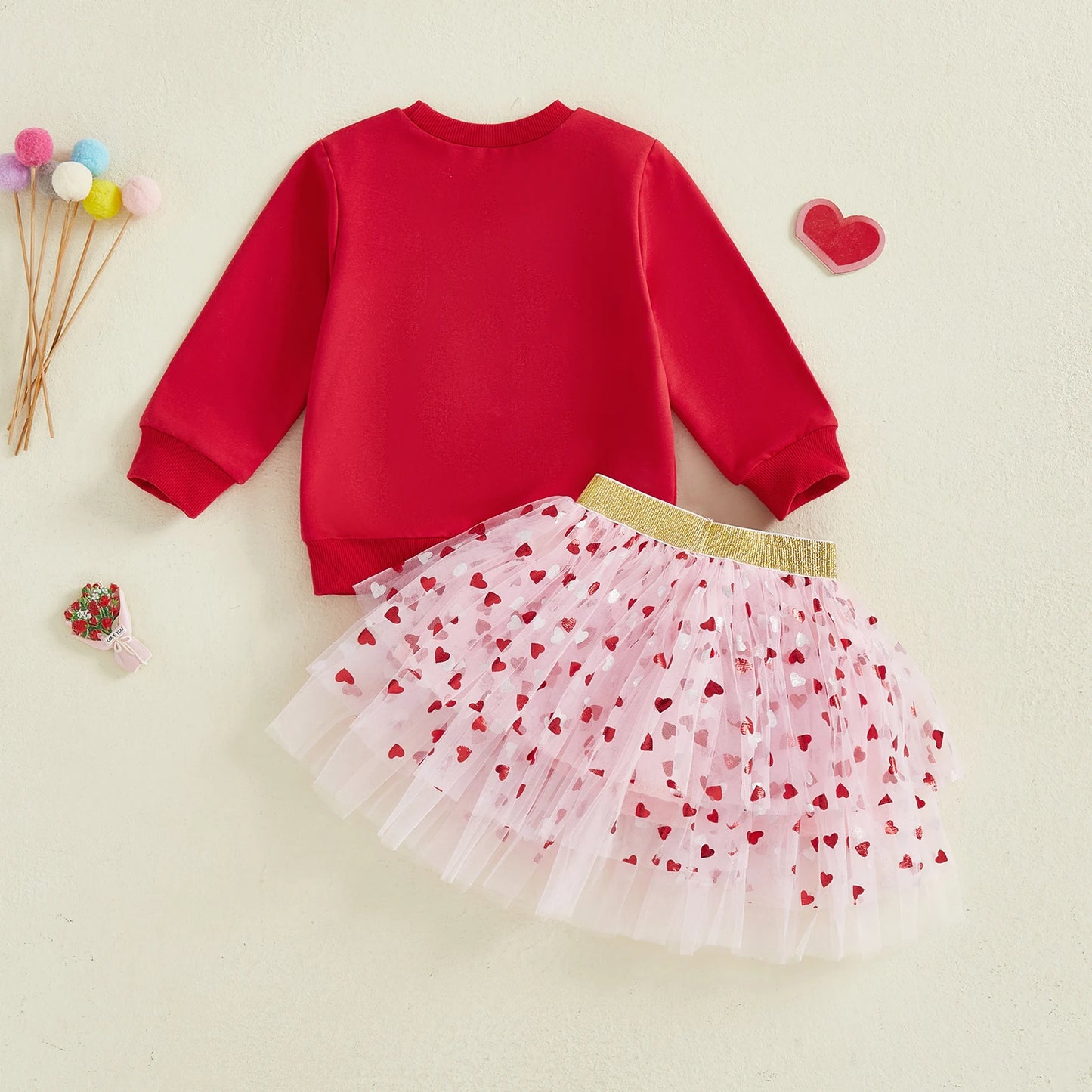 Baby Toddler Girls 2 Pcs XOXO Outfits Bow Letter Embroidery Long Sleeve Crew Neck Top and Heart Patterned Elastic Waist Tulle Tutu Skirt Set