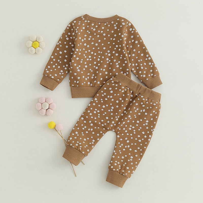 Baby Toddler Girls 2 Pcs Fall Outfit Flower Print Long Sleeve Crew Neck Top Pants