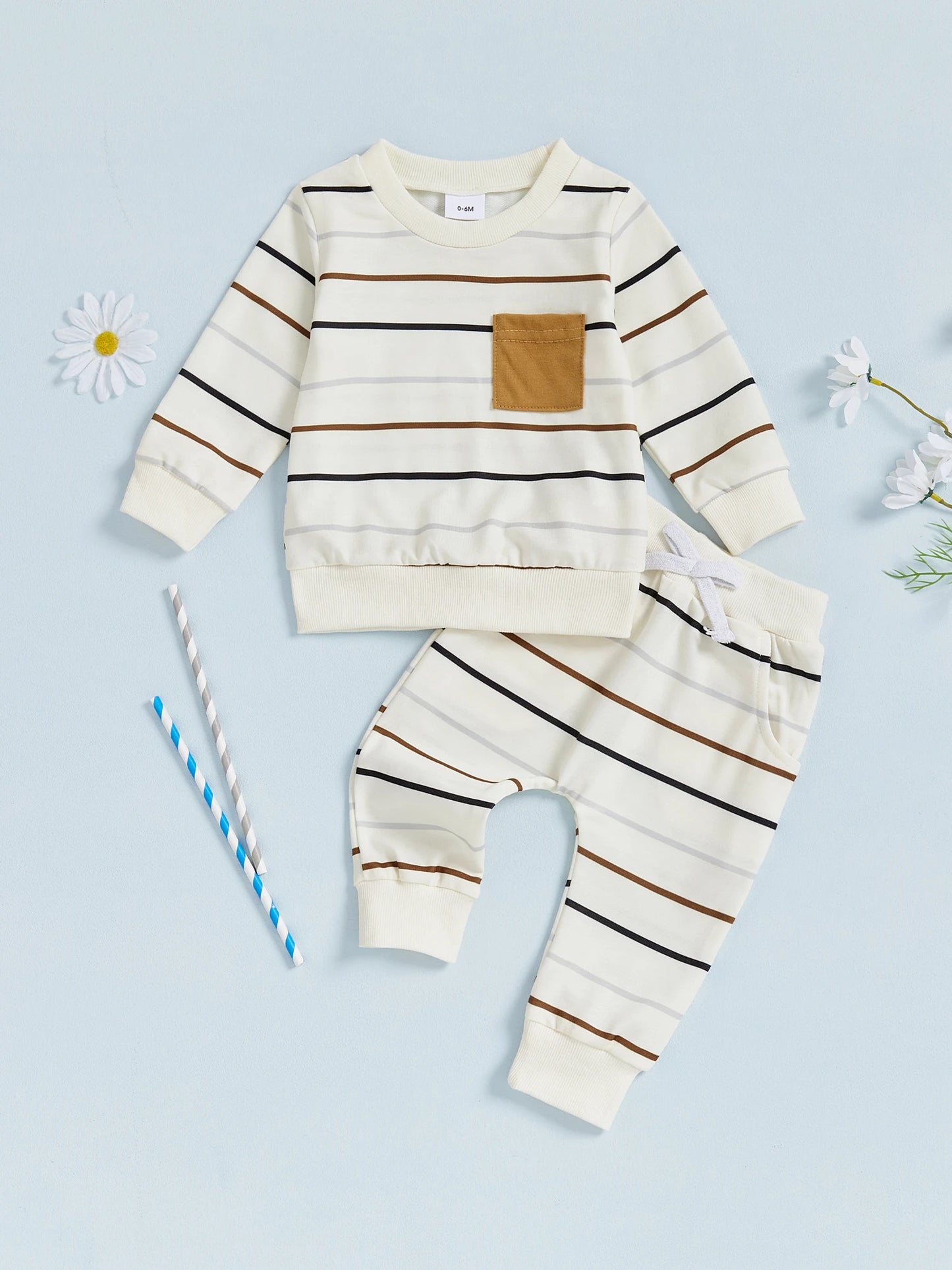 Baby Toddler Boys 2Pcs Autumn Pants Sets Long Sleeve O Neck Striped Top Drawstring Pants Jogger Set