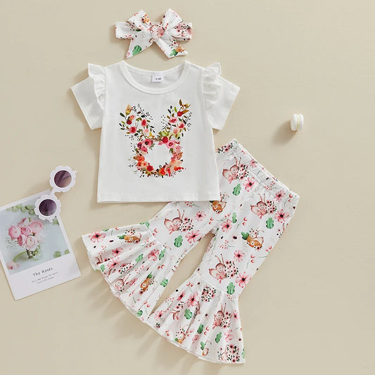 Baby Toddler Girls 3Pcs Easter Outfit Floral Bunny Print Short Sleeve Ruffle T-Shirt + Flare Pants + Headband Set