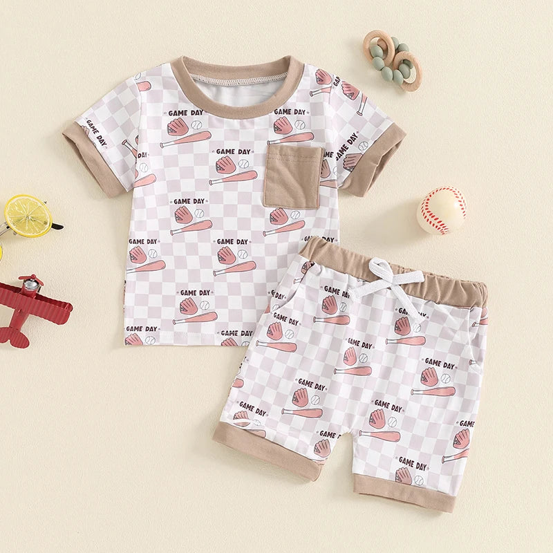 Baby Toddler Boys 2Pcs Baseball Print Short Sleeve Top with Elastic Waist Shorts Summer Outfit Set