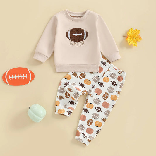 Baby Toddler Boys 2Pcs Game Day Fall Set Long Sleeve Football Embroidery Pullover Top and Pumpkin Print Pants Outfit