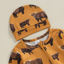 Load image into Gallery viewer, Baby Girl Boy 2Pcs Western Clothes Long Sleeve Cow Print Romper Zipper Jumpsuit Hat Fall Winter Set Outfit
