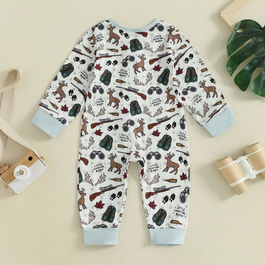 Baby Boys Autumn Casual Jumpsuit Long Sleeve Crewneck Deer Duck Print Zipper Romper