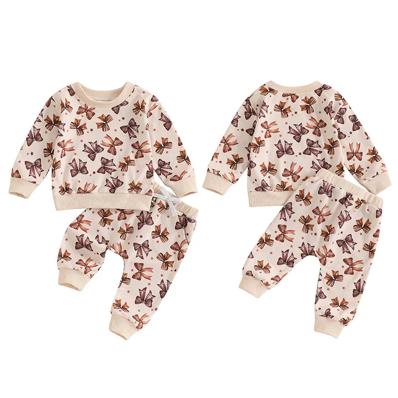 Baby Toddler Girls 2Pcs Fall Jogger Set Long Sleeve O Neck Bow Print Top Drawstring Pants Outfit