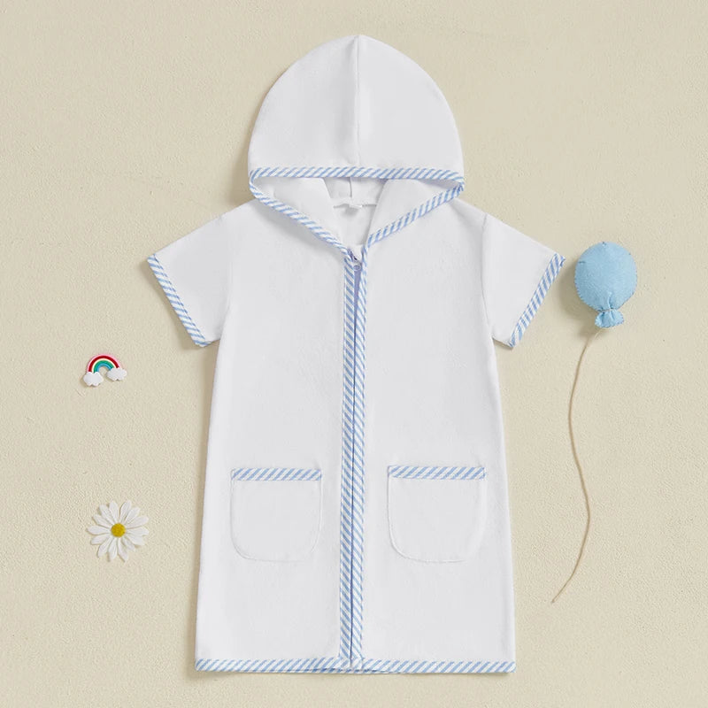 Toddler Kids Boys Girls Cover up Swimwear Striped Patchwork Short Sleeve Zipper Hoodie Beach Shirt Towel