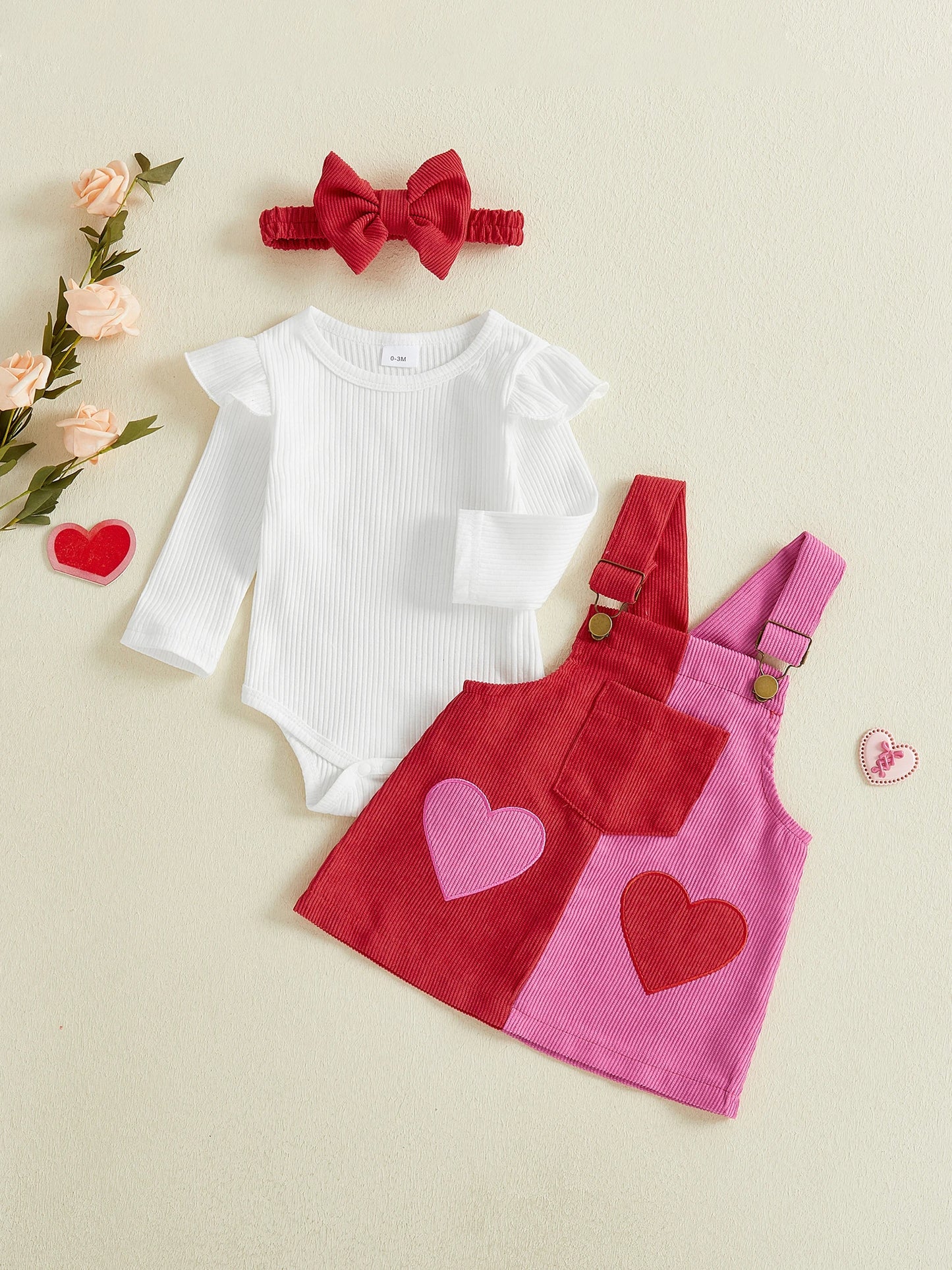 Baby Girls 3Pcs Valentine's Day Outfit Long Sleeve Romper Overall Heart Dress Headband Set Infant Clothes