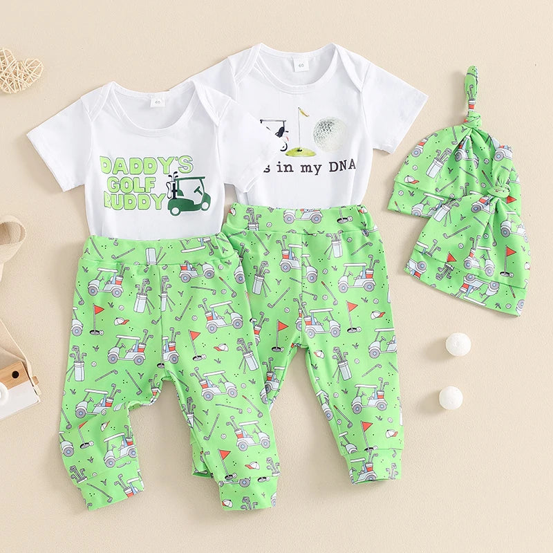 Baby Boys 3Pcs Outfit Daddy's Golf Buddy / It's In My DNA Letters Print Short Sleeve Romper Golf Cart Print Pants and Hat Infant Clothes Set