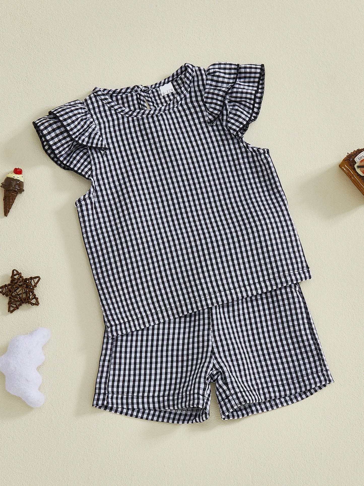 Baby Toddler Girls 2Pcs Plaid Outfit Fashionable Cute Flying Sleeve Top with Shorts Clothing Set