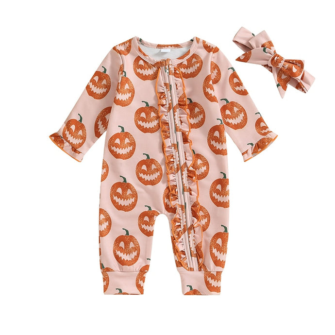 Baby Girl 2 Pcs Halloween Jumpsuit with Headband Pumpkin Print Long Sleeve Front Zipper Romper