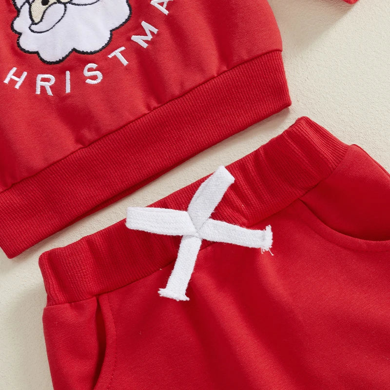 Baby Toddler Girl Boy 2Pcs My First Christmas Outfit Santa Claus Letter Embroidery Long Sleeve Crewneck Top with Solid Pant Jogger Set