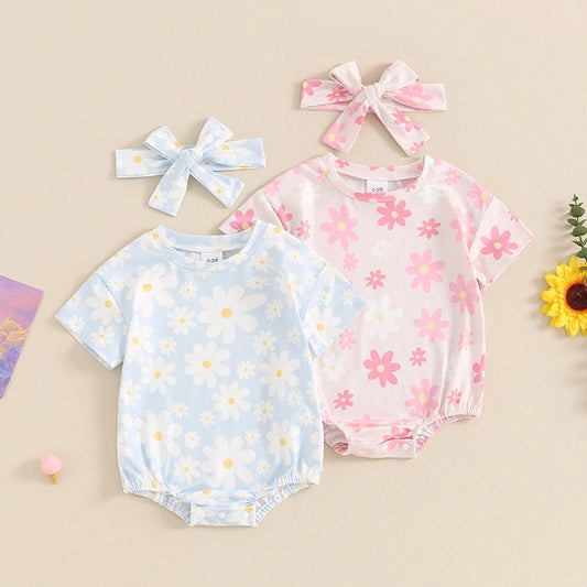 Baby Girl 2Pcs Summer Jumpsuit Daisy Flower Print Short Sleeve Round Neck Romper with Headband Set