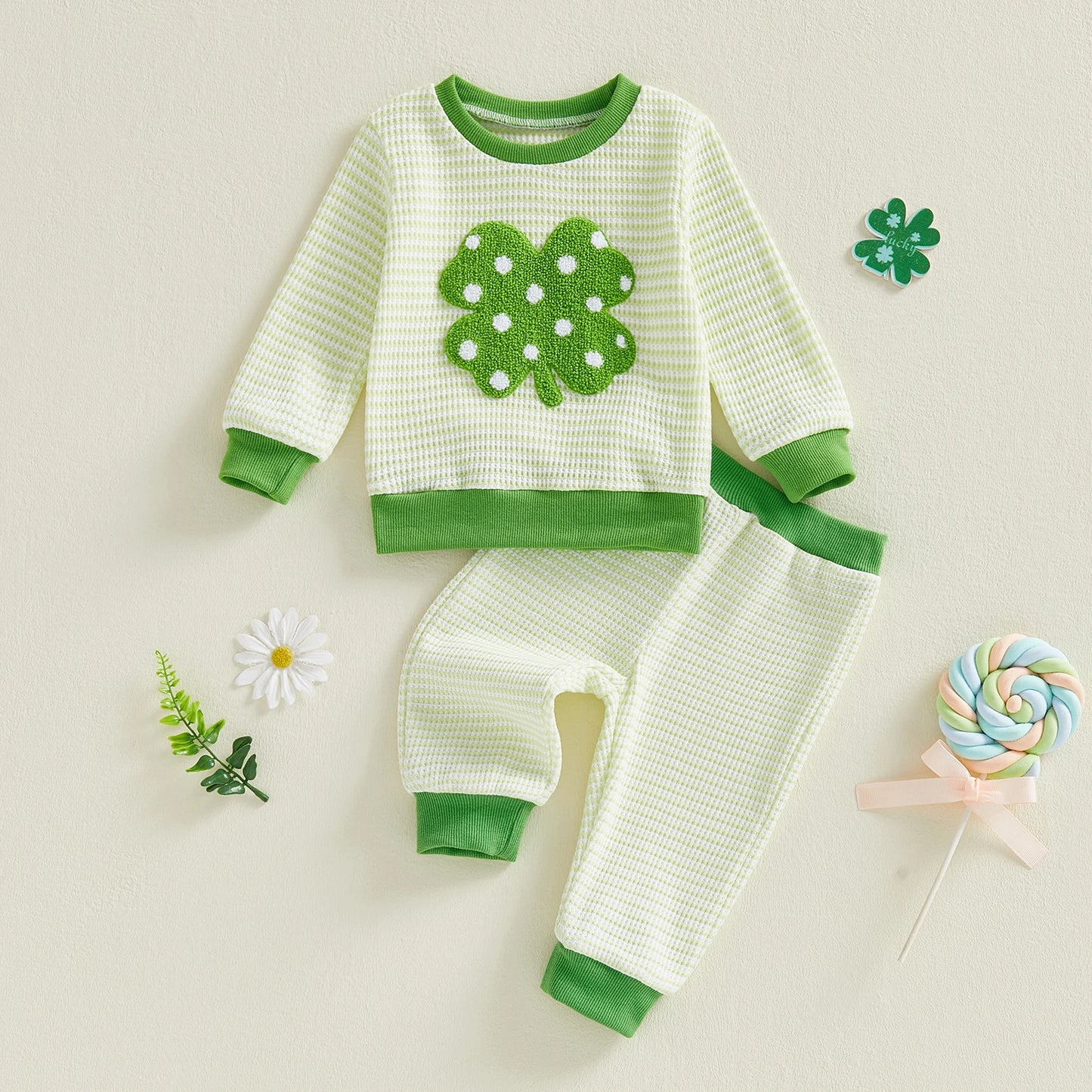 Baby Toddler Boys Girls 2Pcs Irish Clothing Set Fashionable Long Sleeve Shamrock Embroidery Pullover Top with Pants St. Patrick's Day Outfit Jogger Set