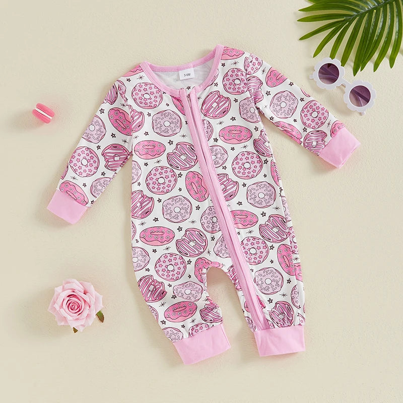 Baby Girls Jumpsuit Long Sleeve Crew Neck Donut Print Zipper Romper