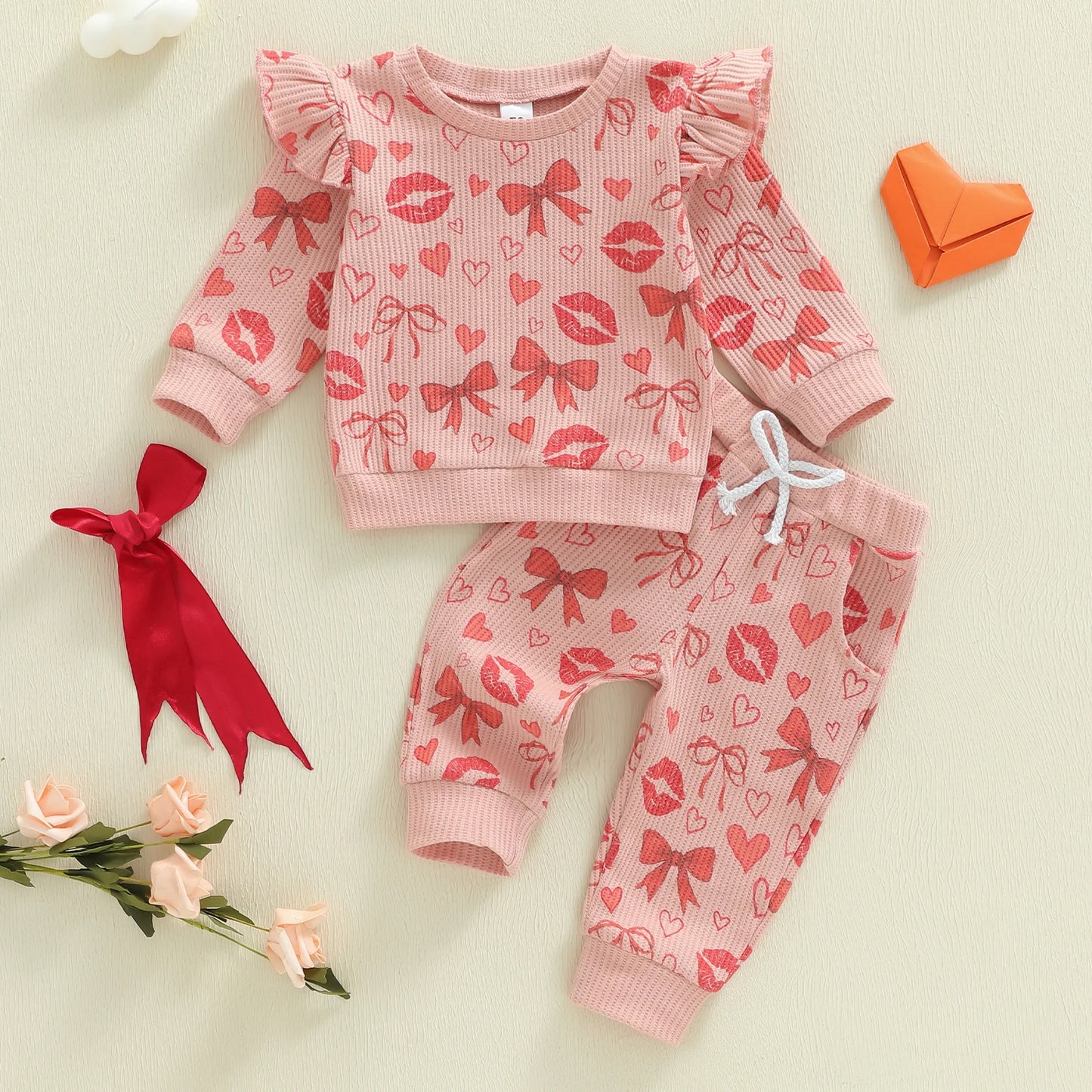 Baby Toddler Girls 2Pcs Valentine's Day Outfit Heart Bow Kiss Print Long Sleeve Crew Neck Top and Elastic Waist Pants Jogger Set